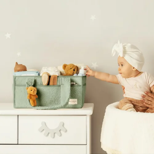 Vista 6 de Organizador de pañales para bebé Sweety Fox con asa - Canasta portátil de Sherpa para guardería - Organizador de pañales para automóvil, canasta