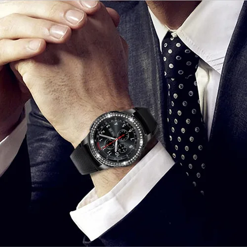Vista 5 de DEALELE Fundas para Samsung S3 Frontier/Classic/Galaxy Watch 4/4 Classic, Rhinestone Diamond Steel Watch Face Bezel Rings (negro)