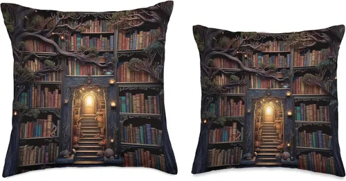 Vista 3 de Books Library Reading Book Shelves Bookworm Forest Library - Almohada vintage para libros de lectura, diseño de bosque de biblioteca, 16 x 16