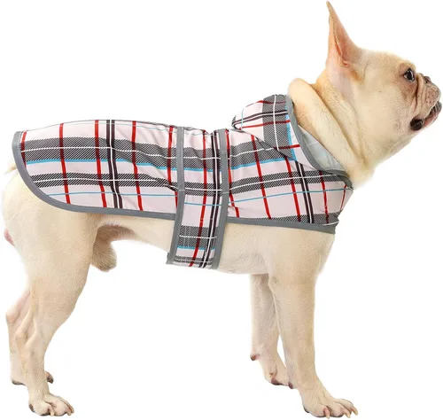 Vista 23 de Impermeable para perros pequeños y cachorros, chaqueta impermeable con capucha con tiras reflectantes, agujero para la correa y poncho de ajuste
