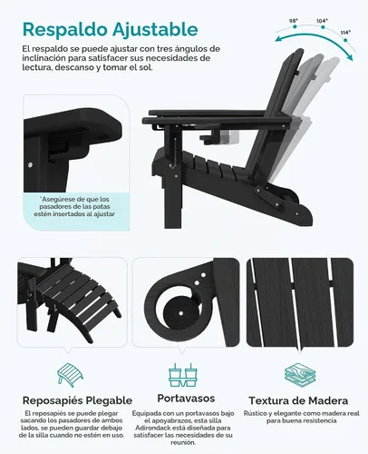 Vista 4 de SERWALL Juego de 5 piezas con silla Adirondack ajustable, puf otomano y mesa, negro