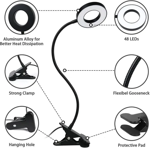Vista 7 de Brokimis Lámpara de escritorio de protección ocular con clip LED para leer Negro con adaptador