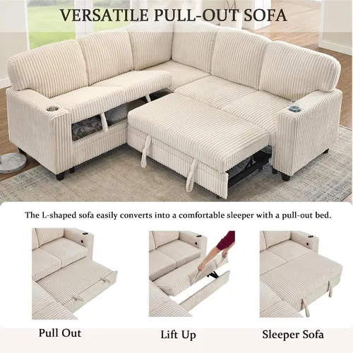 Vista 11 de ERYE L-Shaped Convertible Sofa Bed W/Pull Out Sleeper Couch Bed, 81" Plush Corduroy Sectional Couch with Symmetrical Corner Sectional Sleeper Sofa
