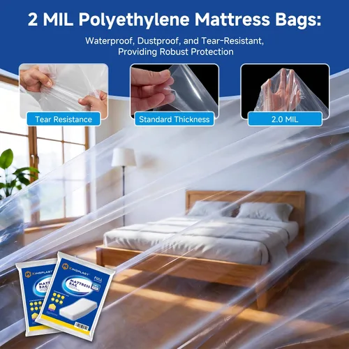 Vista 4 de Bolsa de plástico para mudanza de colchón de tamaño matrimonial, 2 mil, impermeable, a prueba de polvo y resistente a desgarros para almacenamiento