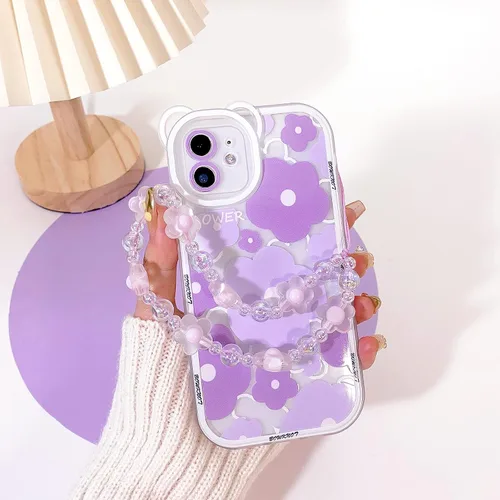 Vista 4 de NITITOP Funda compatible con iPhone 11, funda transparente con diseño de oso floral y cadena de pulsera de flores para mujeres y niñas, funda de TPU