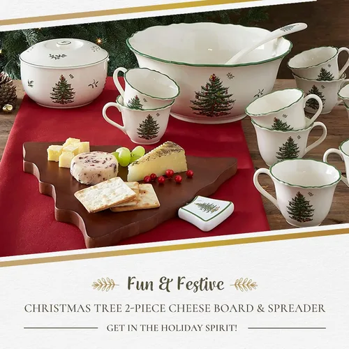 Vista 2 de Spode Juego de tabla y esparcidor de queso de árbol de Navidad (2 piezas) - Tabla de servir queso de madera de acacia de 13 pulgadas con esparcidor