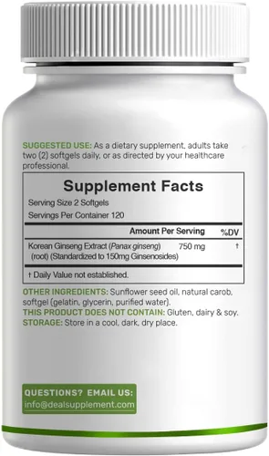 Vista 6 de Extracto de raíz de ginseng panax rojo coreano, 7,500 mg en porción, 240 cápsulas blandas - 150 mg de ginsenósidos activos
