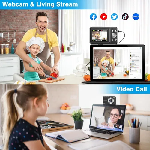 Vista 4 de Cámara digital, FHD 1080P apuntar y disparar cámara para niños, con tarjeta de 32 GB, sello de fecha antivibraciones con zoom 16X, compacto, Negro
