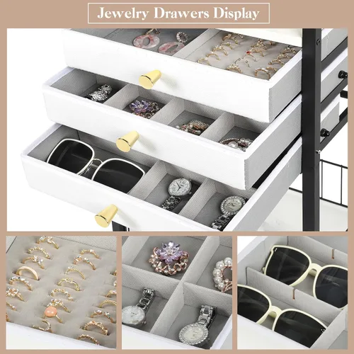 Vista 5 de Keebofly Organizador de joyas, soporte grande para joyas con 3 cajones para joyas, organizador de collares, aretes, armario de joyería con pantalla