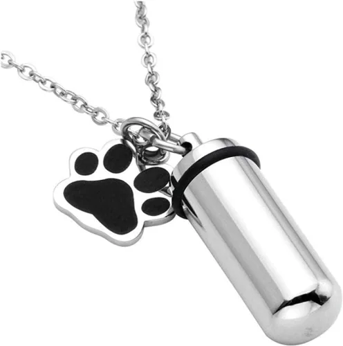 Vista 3 de Urna Cremación Recuerdo Cenizas Urna Cremación Acero Inoxidable Mascota Cachorro Perro Pata Cilindro Contenedor Urna Memorial Colgante Collar Ceniza