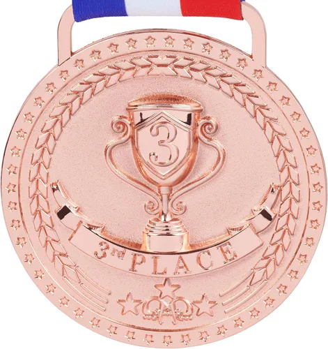 Vista 12 de Medallas de bronce dorado y plateado para premios de trofeo del 1er 2º y 3er lugar, acabado brillante o antiguo con cinta de satén roja, blanca