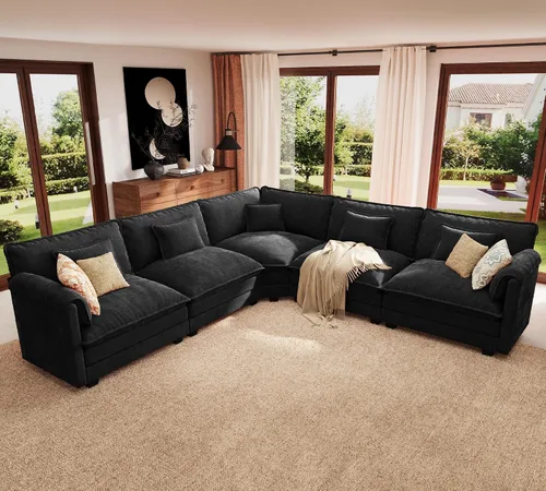 Vista 29 de ELUCHANG Sofá Seccional Modular en Forma de L de 113 pulgadas, cómodo sofá nube de 4 asientos con otomana móvil, sofá de asiento profundo para sala