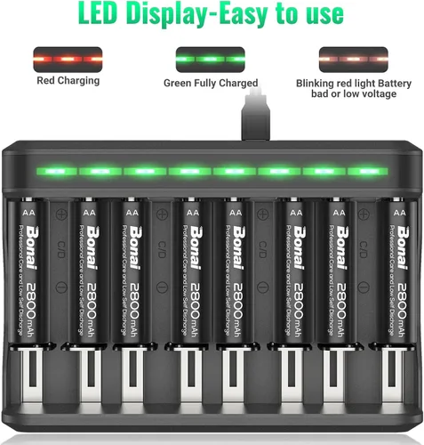 Vista 6 de BONAI Baterías recargables AA 2800mAh 8pack con cargador inteligente para AA AAA C D NiMH batería