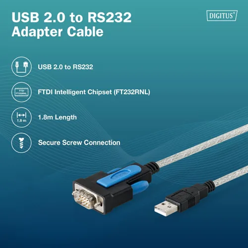 Vista 2 de DIGITUS USB 2.0 to RS232 Adapter Cable - USB-A DB9 Male - 1.8m FTDI Chipset - 75 to 128,000 bps Data Rate - COM Port Retention