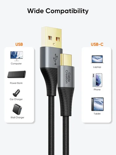 Vista 6 de CableCreation Cable corto USB a USB C de 0.8 pies, cable de carga USB C trenzado para Carplay, Galaxy S23 S23+ S22+ S22 S21 S20 Note 20, MacBook