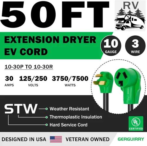 Vista 3 de Gerguirry Cable de extensión para secadora de 3 clavijas y 50 pies, cable resistente NEMA 10-30P de 30 amperios a 10-30R, uso para extensión
