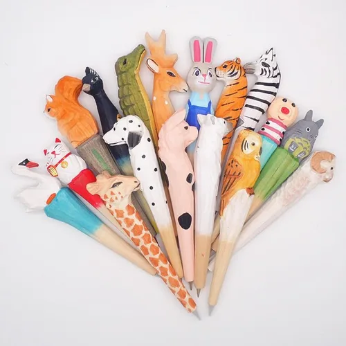 Vista 2 de Bolígrafo de gel de animales tallados en madera 100% hecha a mano, jirafa, perro, tigre, unicornio, lindo, material escolar, suministros de oficina