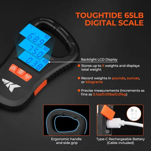 Vista 2 de KastKing ToughTide - Juego de 5 herramientas de pesca, báscula digital recargable para peces de 65 libras con agarre de labios y cinta métrica