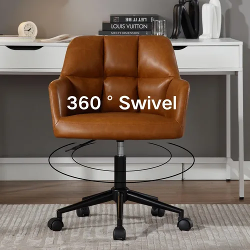 Vista 3 de Silla de oficina en casa marrón con ruedas, silla ajustable para computadora, silla de escritorio giratoria con respaldo medio, silla tapizada