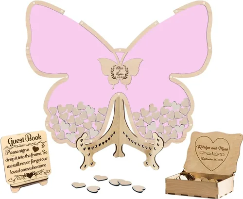 Vista 17 de Libro de invitados de boda de mariposa personalizado con corazones de madera, borde de madera personalizado, ideas alternativas, libro de invitados