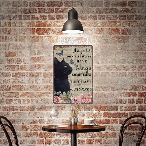 Vista 6 de Cartel de metal con diseño de gato negro con texto en inglés "Angels Don't Always Have Wings", póster de metal vintage de 8 x 12 pulgadas, letrero