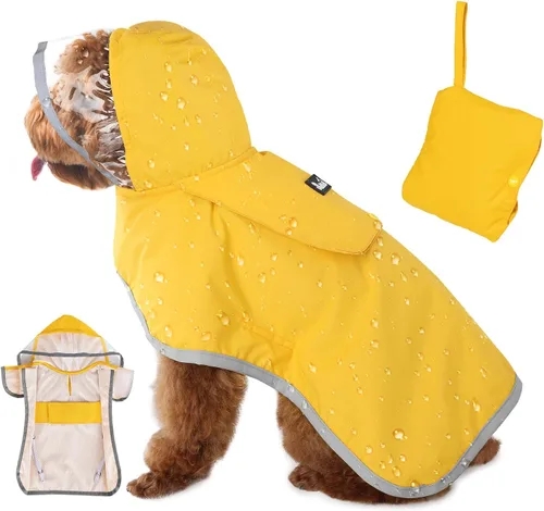 Vista 15 de SlowTon Chubasquero para perros, chaqueta de lluvia ajustable para perros con capucha transparente de doble capa, poncho impermeable con tiras