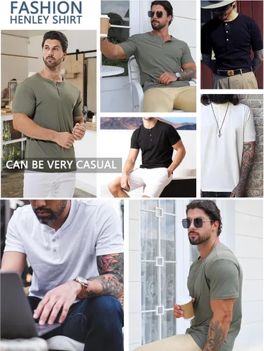 Vista 6 de Camisa Henley de ajuste seco para hombre, ropa de gimnasio, camiseta de entrenamiento de manga corta, camiseta atlética clásica y casual