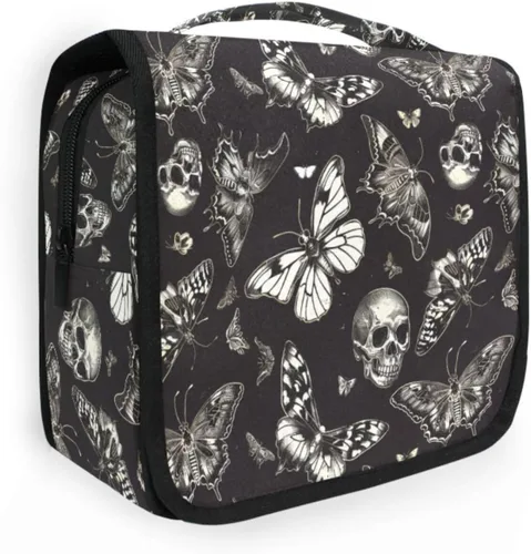 Vista 22 de MNSRUU Neceser colgante con diseño de calavera y girasol, bolsa de maquillaje de viaje para artículos de tocador, organizador de artículos