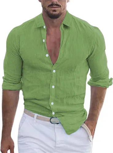 Vista 7 de Camisa de algodón y lino con botones para hombre, cuello de solapa de manga larga, estilo hippie casual para ropa de playa