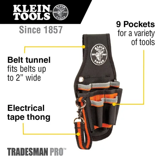 Vista 2 de Klein Tools 5240 Bolso para herramientas Tradesman Pro, con 9 bolsillos, cordón adhesivo, bucle de túnel de 2 pulgadas, excelente funda