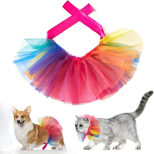 Vista 7 de Threetols Disfraz de arco iris para perro, vestido de princesa del orgullo navideño para gatos y perros, juego de tutú y collar para mascotas