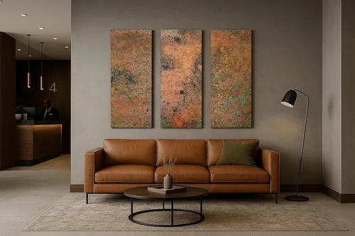 Vista 4 de Arte de pared de cobre real - Arte de metal de 3 paneles - Textura de pátina - Tríptico abstracto moderno - Decoración rústica hecha a mano