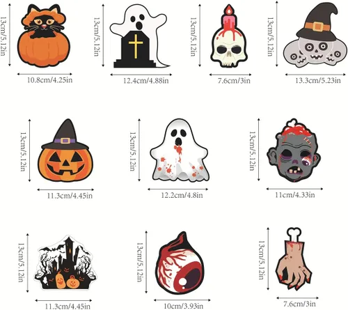 Vista 7 de Adornos de árbol de Halloween, colgantes colgantes de fantasma, diseño de impresión de doble cara, diseño de ojos, calavera, mano, calabaza, adornos