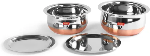 Vista 6 de Sumeet Forma de vientre inferior de cobre de acero inoxidable 2 piezas Tope/Cookware/Pot Set con tapa 1.4Ltr, 1.75Ltr (Plata)
