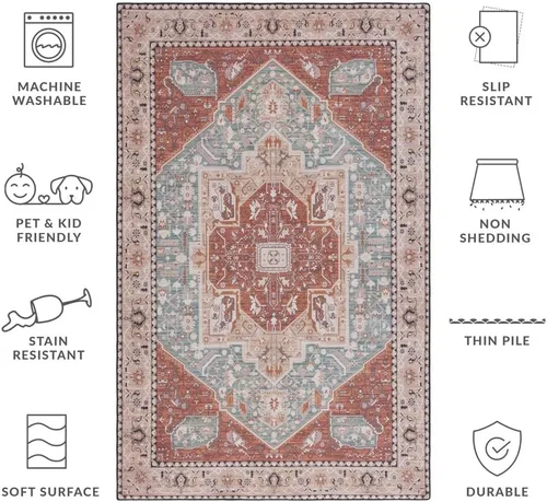 Vista 3 de SAFAVIEH Alfombra lavable Tucson Collection - 2 pies 6 pulgadas x 4 pies, aguamarina y óxido, antideslizante y fácil de limpiar, ideal para sala