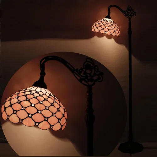 Vista 6 de WERFACTORY Tiffany - Lámpara de pie con cuentas de perlas de color rosa, 12 x 18 x 64 pulgadas, cuello de cisne ajustable, luz de lectura