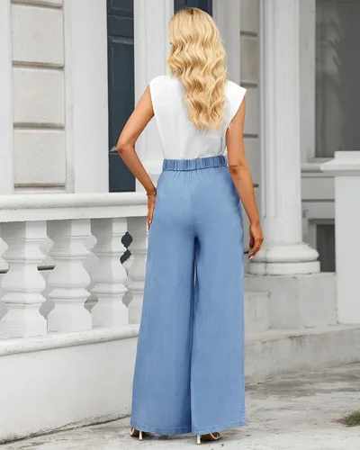 Vista 3 de GRAPENT Pantalones de pierna ancha para mujer, jeans de cintura alta, pantalones palazzo, ligeros, para verano, playa, pantalones fluidos Y2K