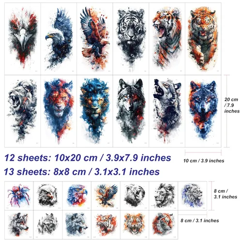 Vista 2 de Everjoy 25 hojas de calcomanías temporales de tatuajes de bestia dura, 12 hojas de tatuajes falsos de animales de acuarela de brazo grande, 13