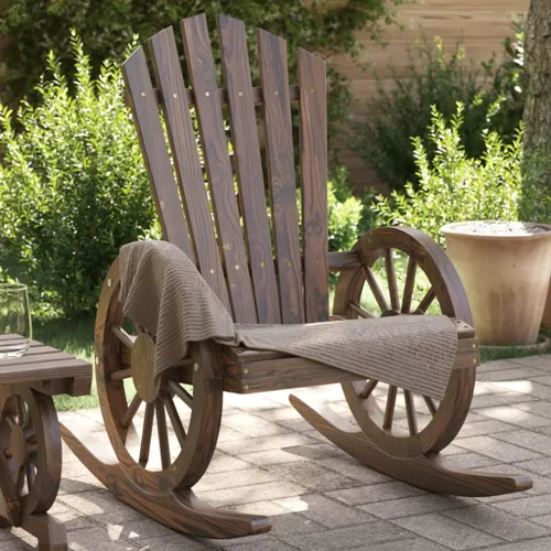 Vista 10 de Brown Solid Fir Wood Rocking Adirondack Chair, Ergonomic Design for Patio, Garden, and Balcony Relaxation