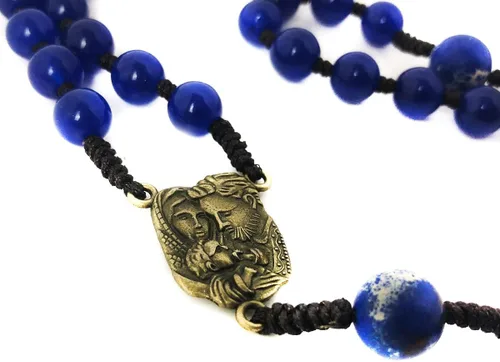 Vista 5 de Juego de pulseras de rosario y rosario de cordón de piedra arenisca y jade azul de santa familia - Pulsera de ojo de tigre para hombre - Rosario