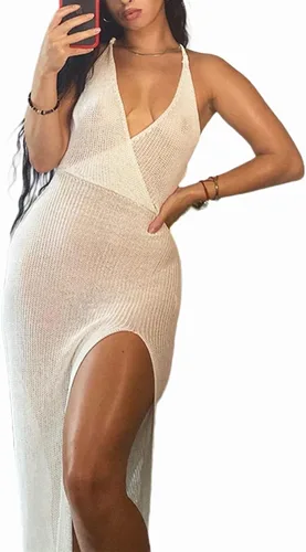 Vista 2 de Avanova Traje de baño de ganchillo halter para mujer con abertura lateral espalda descubierta transparente