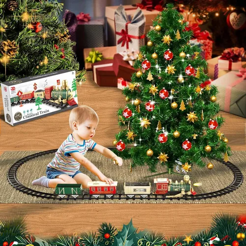 Vista 2 de JQ JUQU Juego de tren eléctrico para niños de 3 a 8 años, tren de juguete a pilas con luces y sonidos, 3 autos y 10 pistas para Navidad y juego