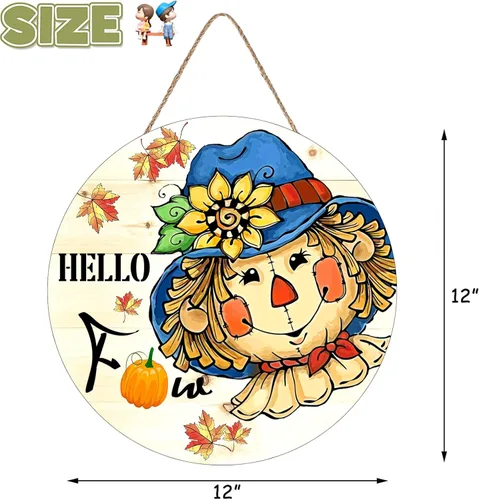 Vista 2 de Letrero de espantapájaros con texto en inglés "Hello Fall Scarecrow para decoración de puerta delantera, cosecha de otoño, hoja de arce para colgar