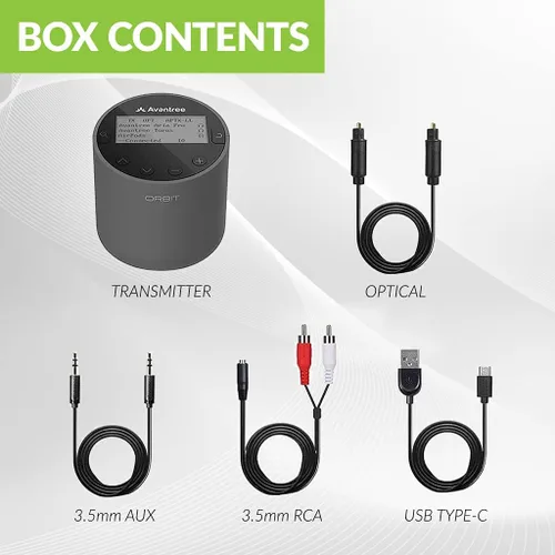 Vista 7 de Avantree Orbit - Transmisor de Audio Bluetooth 5.0 para TV con Soporte de Paso de Sonido Envolvente 5.1, Clase 1 de Largo Alcance, Pantalla LED