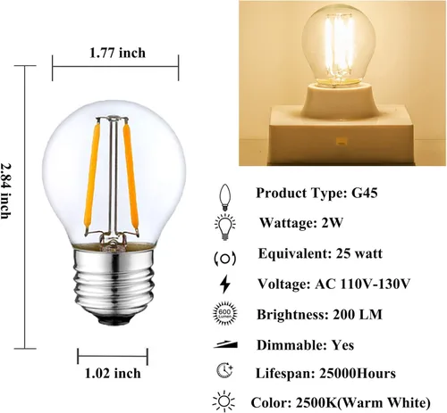 Vista 2 de Beonllay Bombilla LED Globo Regulable de 2W Equivalente a 25 Vatios Bombilla E26 Blanco Cálido 2500K Bombilla Edison LED, Bombilla Decorativa Edison