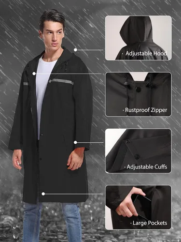 Vista 6 de Chaqueta de lluvia larga con capucha de seguridad para hombres, impermeable de emergencia, poncho Negro
