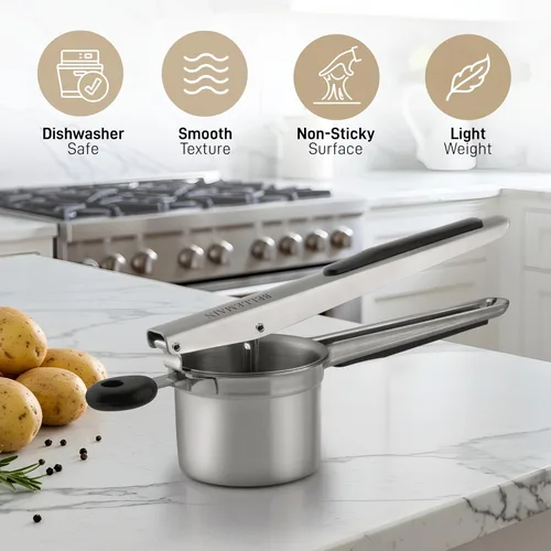 Vista 3 de Bellemain Triturador de patatas grande de 15oz para puré de patatas, triturador y exprimidor de patatas de acero inoxidable, triturador de verduras