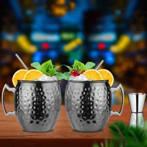Vista 4 de Moscow Mule - Juego de 2 tazas grandes forradas de acero inoxidable de 18 onzas, tazas martilladas seguras para alimentos, para bebidas frías frías