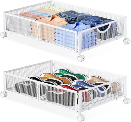 Vista 9 de Yecaye Almacenamiento Bajo la Cama con Ruedas, Paquete de 2 Organizadores de Almacenamiento de Zapatos Bajo la Cama tipo Cajón, Ensamblaje sin