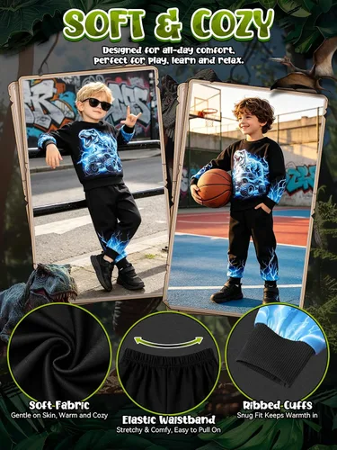 Vista 4 de Ochine Ropa para niños pequeños, sudadera de manga larga con estampado de dinosaurio T-Rex, sudadera y pantalones, 2 piezas, trajes de otoño e
